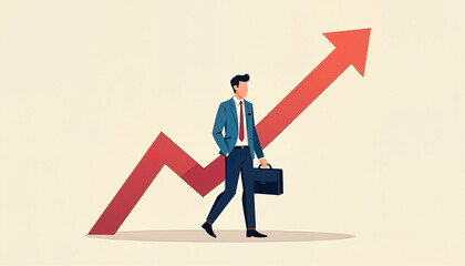 Businessman walking with briefcase against upward trend background  
