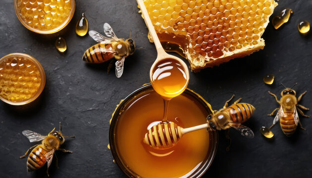Honey dripping from a wooden spoon into a bowl, surrounded by honeycomb and bees on a dark surface. - Powered by Adobe