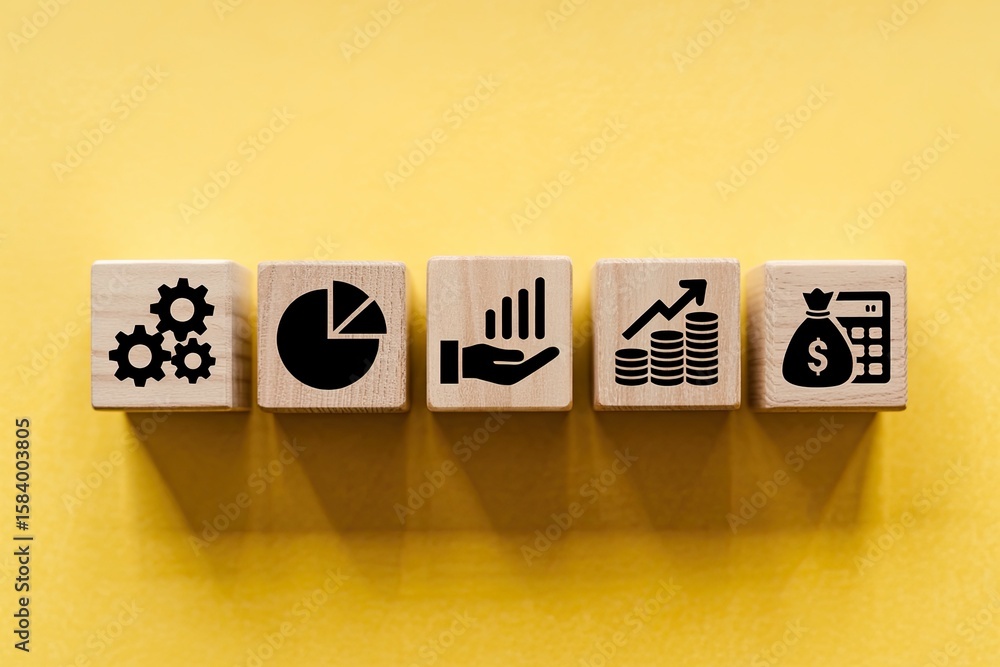 Poster wooden blocks with icons representing gears pie chart hand holding graph stack of coins and money ba