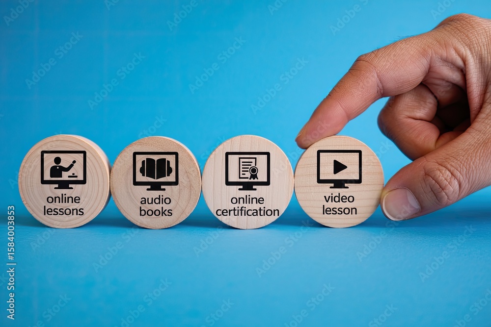 Poster wooden blocks with icons representing online learning options like lessons audiobooks certifications