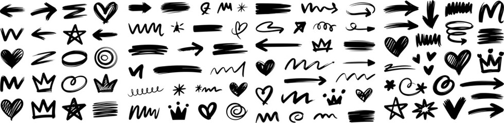 Hand-drawn doodle collection: arrows, hearts, crowns, stars, and abstract shapes; black ink on white background; playful, expressive style.