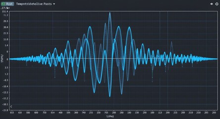 Blue waveform data visualization on dark background representing data signal fluctuation. Graphic display shows amplitude variations.