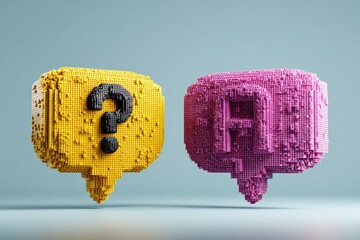 Two 3D block chat bubbles, yellow with a question mark, pink with an "AI" symbol