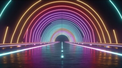 Neon rainbow tunnel, futuristic road