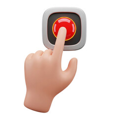 Cartoon hand pressing a glowing red button isolated on transparent background