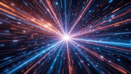 A vibrant, abstract depiction of light streaks radiating outwards from a central point, resembling a cosmic explosion or high-speed travel.