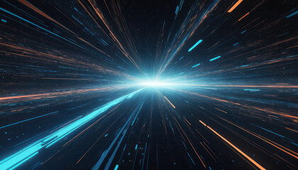 Abstract rendering of converging light trails, blue and orange, towards a central bright point.