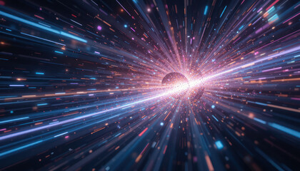 Abstract digital illustration of light streaks converging towards a central glowing sphere in a dark space.