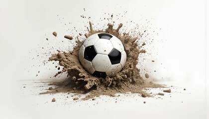 Soccer ball bursts through dirt and grass with dynamic motion. Black and white striped ball is kicked with great force, creating cloud of dust. Small pebbles scattered around ball in collage format.