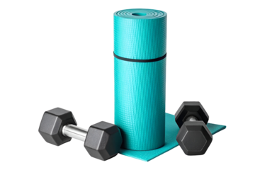 Fitness Equipment PNG. Yoga Mat and Dumbbells Isolated on Transparent Background. fitness, workout, gym, dumbbell, yoga, mat, training, exercise, health, sport, strong, energy, muscle, lifting.