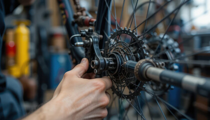 Close-up of hands repairing a bicycle's rear gears and chain mechanism in a workshop setting.