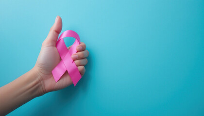 A hand giving a thumbs up, holding a pink ribbon against a blue background.