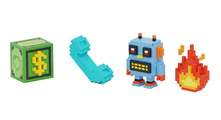 Retro pixel art game assets including a money block phone robot and fire isolated on transparent background