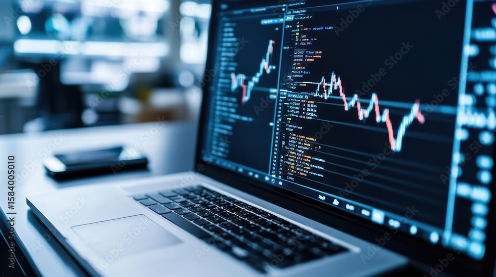 Poster data analysis on laptop display showing financial trends and graphs