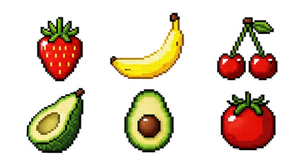 Collection of pixel art fruits and vegetables isolated on transparent background
