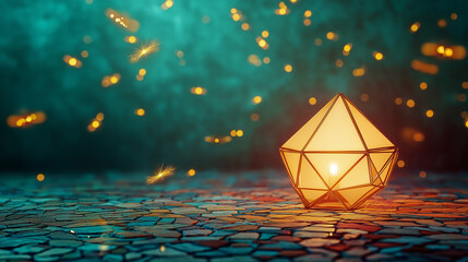 Geometric Lantern with Candle Surrounded by Magical Glowing Particles in Teal Twilight