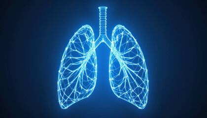Glowing wireframe illustration of human lungs, detailed anatomical structure.
