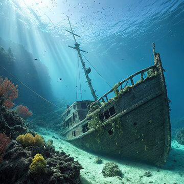 "Sunken Pirate Ships in Crystal Clear Waters with Cinematic Lighting"

