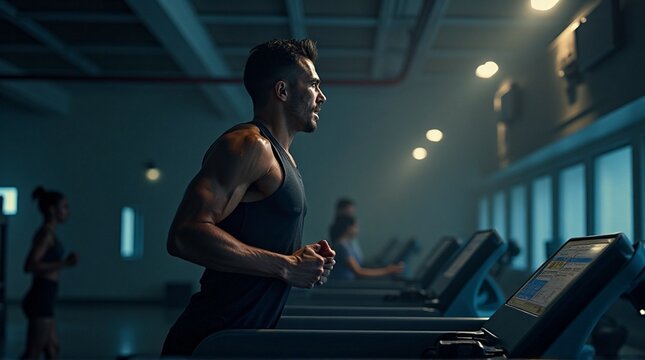 Focused man exercises on a treadmill inside a modern gym, enhancing his cardio fitness and muscle definition with dedication and effort toward healthy lifestyle choices. - Powered by Adobe