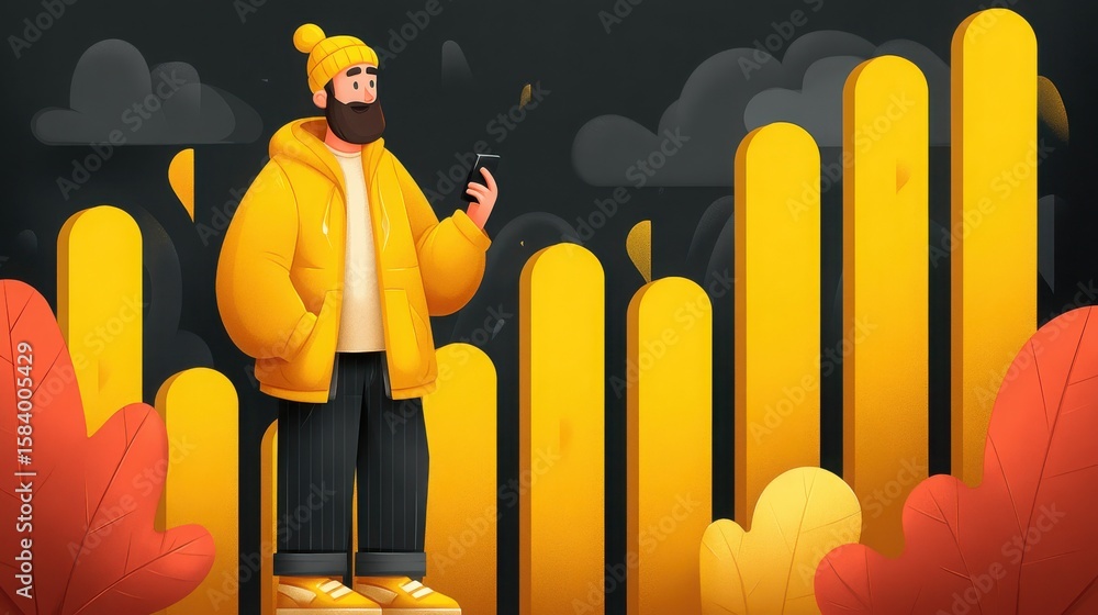 Poster happy founder reviewing analytics on phone in creative workspace with colorful graphics and autumn l