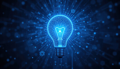 Glowing lightbulb radiating digital data streams, symbolizing innovation and technological breakthroughs.