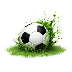 Fototapeta premium Soccer ball burst through grass surface, dynamic motion. White ball, black center, surrounded by vibrant green splatter on white background. Energy, speed, force, power in sports.