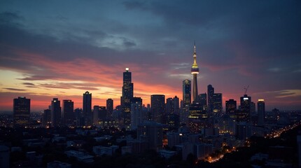 Fototapeta premium Toronto cityscape emerges with skyscrapers and towers as twilight casts a vibrant, colorful sunset across the skyline, offering a captivating urban view at night.