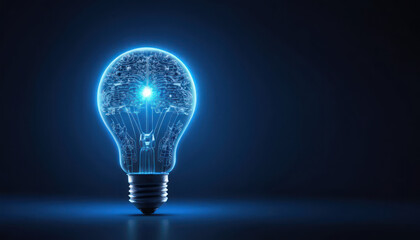 A glowing digital lightbulb representing an idea, innovation, and technology.