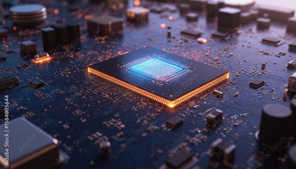 Poster black circuit board close-up with many small chips, components. blue, green, orange colors. complex 