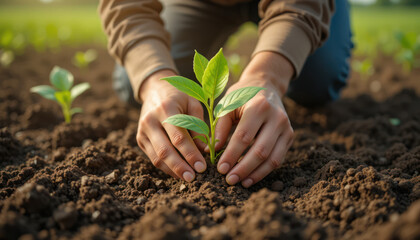 Hands gently planting a young seedling in rich dark soil, nurturing new growth in a garden.