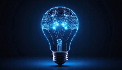 Glowing lightbulb illustration with a brain inside, representing intelligence, ideas, and innovation against a dark blue background.