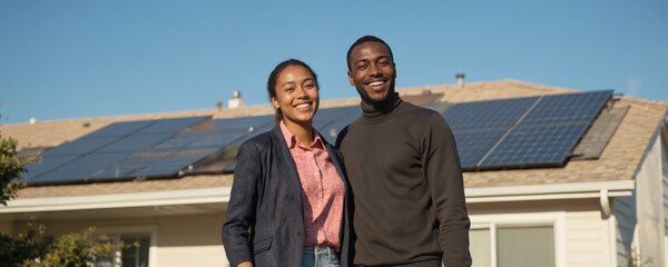Happy couple stands together on gray rooftop with house and solar panels in background. Man wears black jacket, woman wears pink shirt. They engage in conversation, smiling brightly on sunny day.