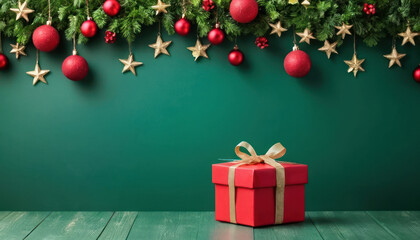 Christmas decorations with red gift box, ornaments, and stars hanging on a green background.