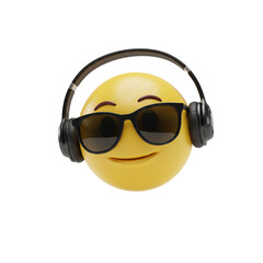 Cool yellow emoji wearing sunglasses and headphones listening to music isolated on transparent background