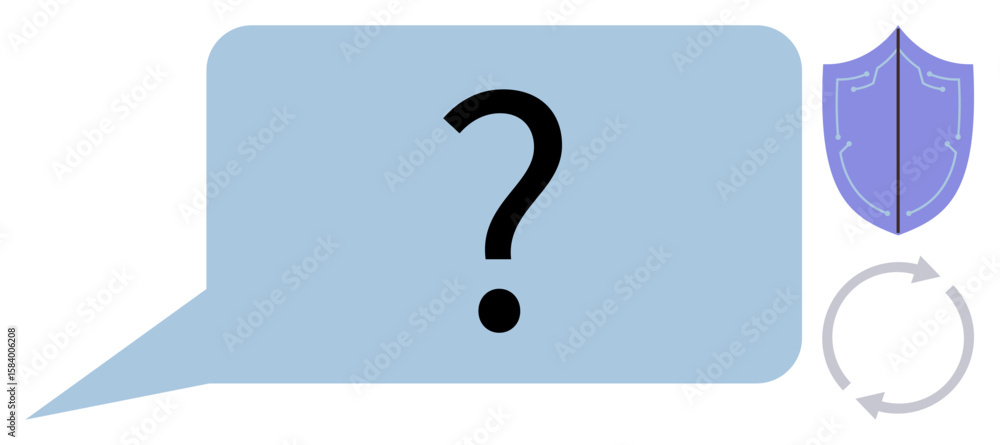 Poster large blue speech bubble with question mark at center, shield representing protection, circular arro