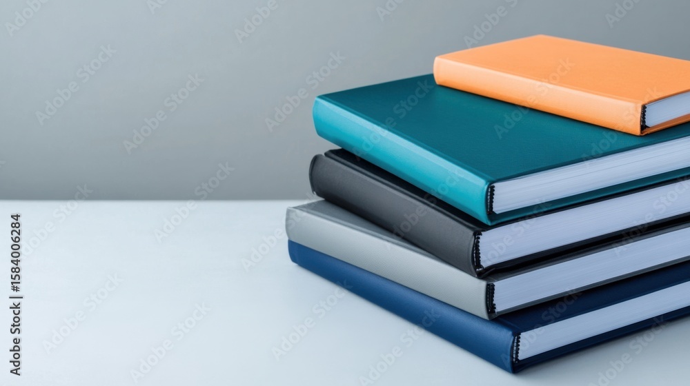 Poster colorful hardbound notebooks stacked on a table against a plain background