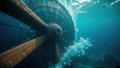 Underwater view of a large, decaying ship's propeller, creating churning water.