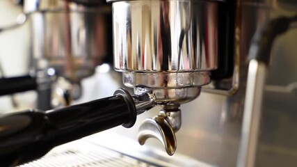 Close Up Professional Coffee Machine Preparation Beverage In Cafe Shop