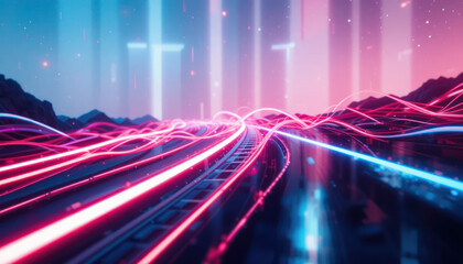 Abstract digital landscape featuring glowing lines and futuristic mountain silhouettes, creating a vibrant and dynamic visual.