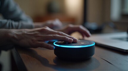 Using voice assistant device on a wooden desk to control technology, person interacting with smart home technology, innovative connectivity and communication system.