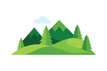 Vector Style Mountain Slopes With Flat Trees And Flowers