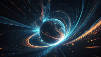 A vibrant, glowing planet engulfed by swirling cosmic energy streams.