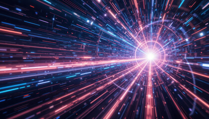 Abstract digital tunnel with glowing lines converging towards a bright light source.
