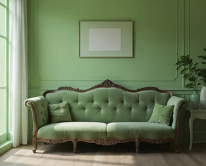 Green velvet sofa with wooden detailing in serene living room. Wooden side table with vase, picture frame on green wallpaper. Comfortable armchair in vintage style. Soothing green color with natural