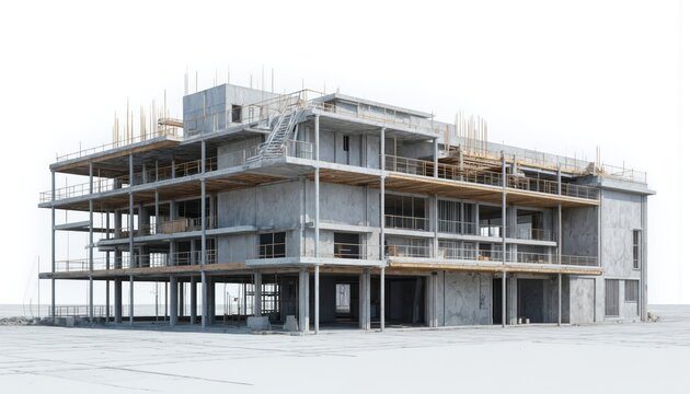 Modern concrete building under construction with flat roof, large windows. Energy efficient design with multiple levels supported by metal beams. Ongoing work at ground level with sidewalk, gray