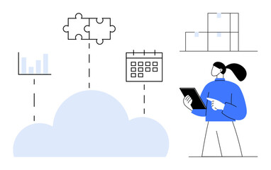 Woman analyzing tablet, connected cloud icons thumbs up graphs, puzzle pieces, calendar, storage. Ideal for teamwork, productivity, analytics, organization remote work cloud apps simple landing