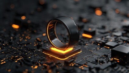 Sleek black ring rests on glowing circuit board