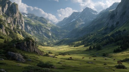 Fototapeta premium Serene Mountain Valley Pasture with Grazing Cattle Under a Cloudy Sky