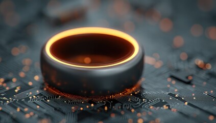 Sleek ring, glowing orb, circuit board