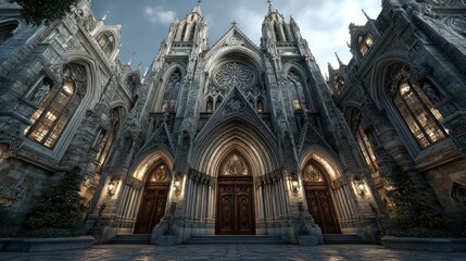 Fototapeta premium Majestic Gothic Cathedral Facade at Dusk: Architectural Grandeur